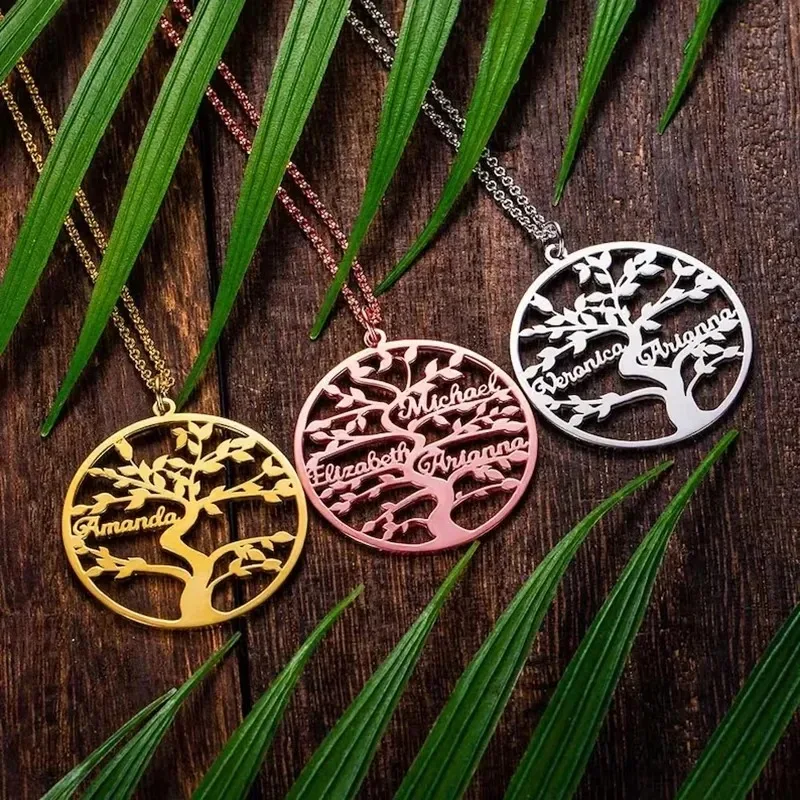 

Custom Tree Of Life Name Pendant Necklace Family Member Name Necklace Gold Stainless Steel Jewelry Choker Mother's Day Gifts
