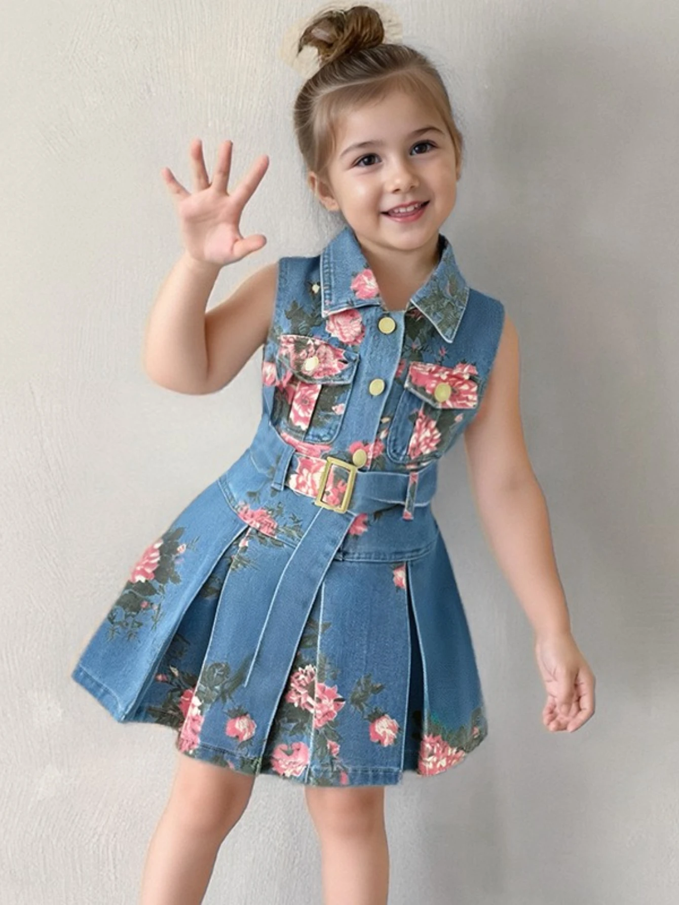 

Girls Summer Denim Dress – Floral Print Collar & Belted A-Line Skirt, Korean Style Kids Fashion Princess Dress for Girls
