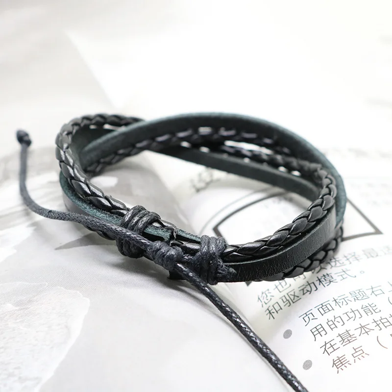 Multilayer Braided Leather Rope Bracelet Handmade Brown Black Leather Wrap Bracelet Vintage Adjustable Men\'s Jewelry