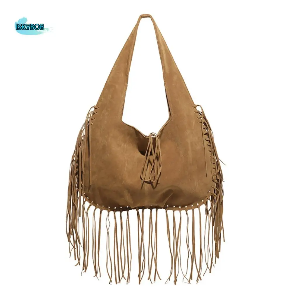 

Casual Korean Style Tassel Shoulder Bag Solid Color PU Leather Suede Handbag Ethnic Style Bohemian Style Underarm Packs Outdoor