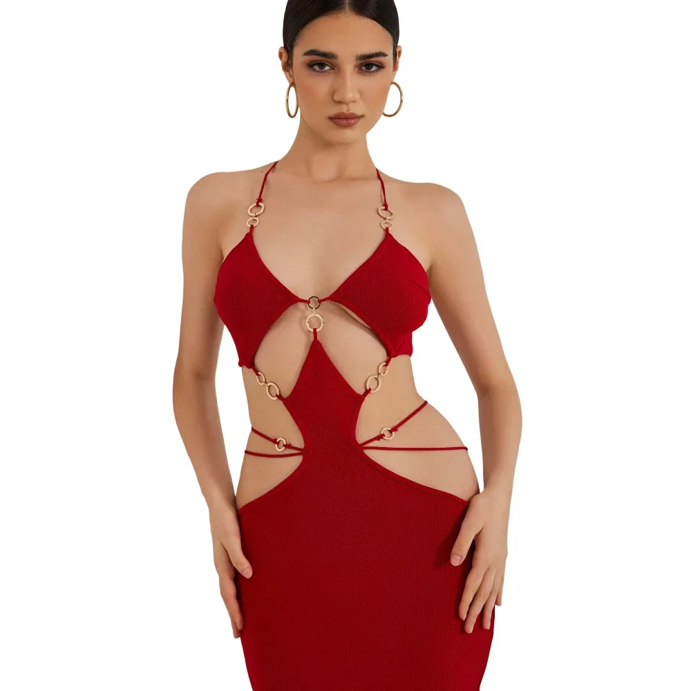 

Fashionable Sexy Red Hollow Out Ring Bandage Dress Elegant Luxurious Bodycon Gown For Formal Prom Dinner Party Wedding Guest