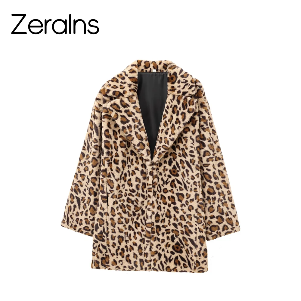 

ZERAINS Winter new fashionable temperament leopard print suit collar, mid length long sleeved fur coat cardigan