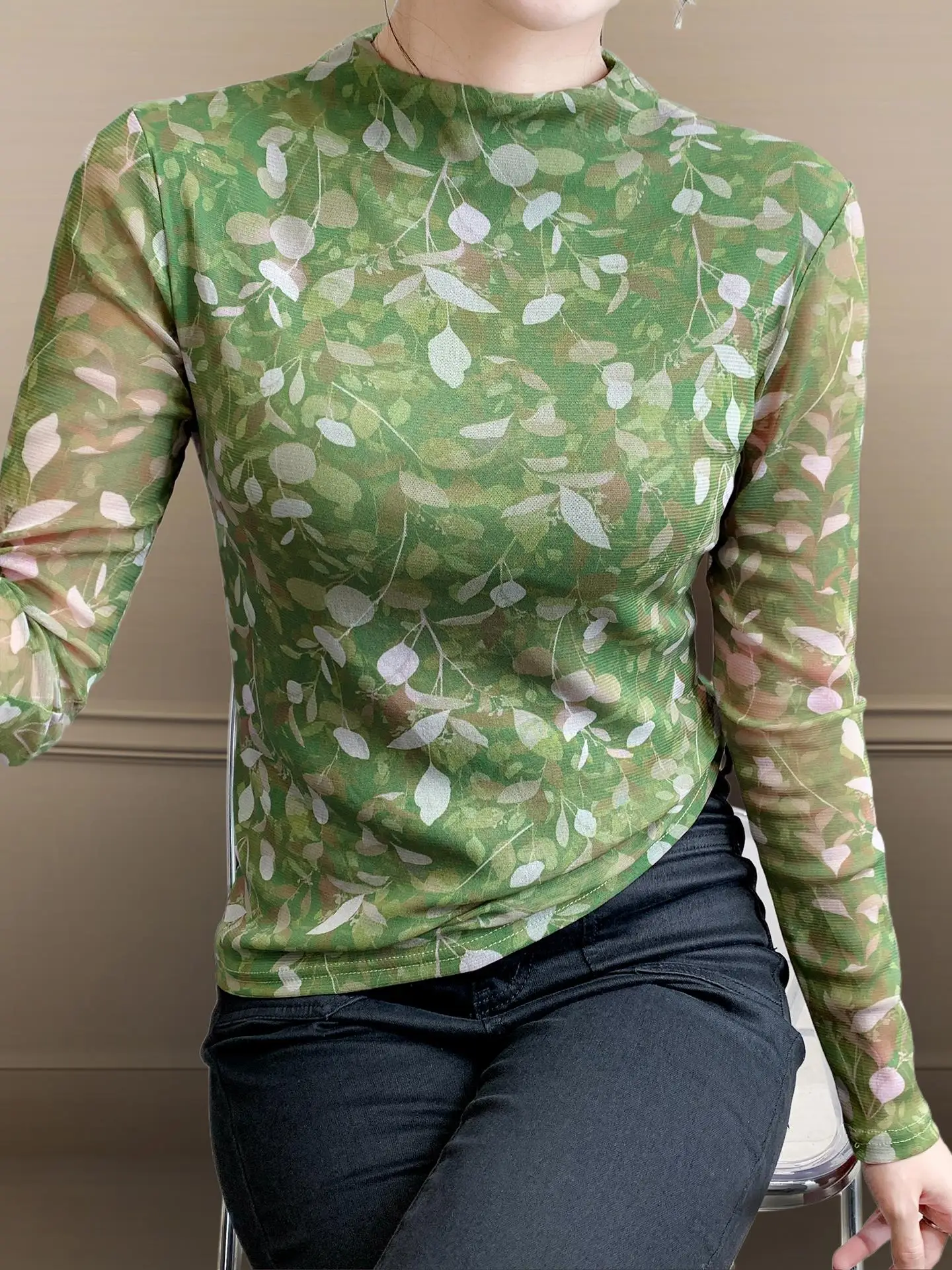 

High Collar Me Printed Long Sve Base irt Women's Faionable European Sle T-irt Slim Fit Inner Wear for Autumn Winter