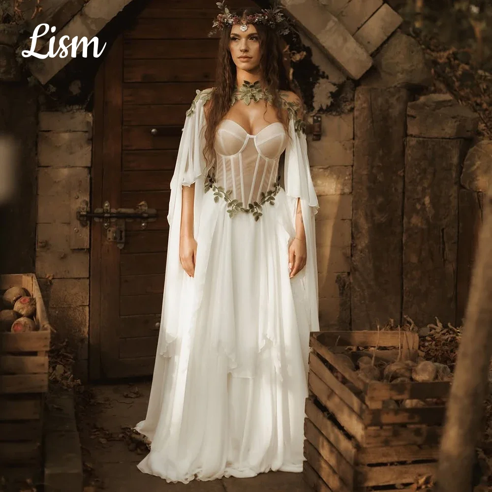 Lism Sweetheart Chiffon Irregular A Line Bridal Gowns Basque V Drop Waist Long Flare Slit Sleeves Wedding Dress Colored Cape