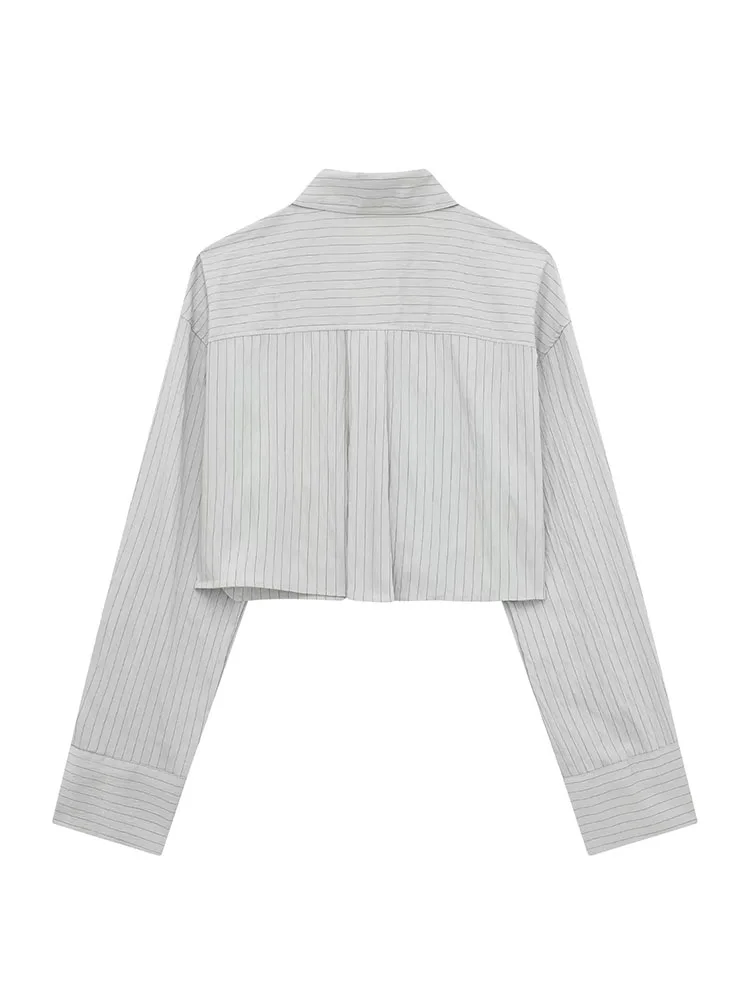 TRAF 2023 Summer New Women\'s Fashion Striped Shirt Suit Pocket Long Sleeve Button Loose Cropped Top Casual Neutral Wind Trousers