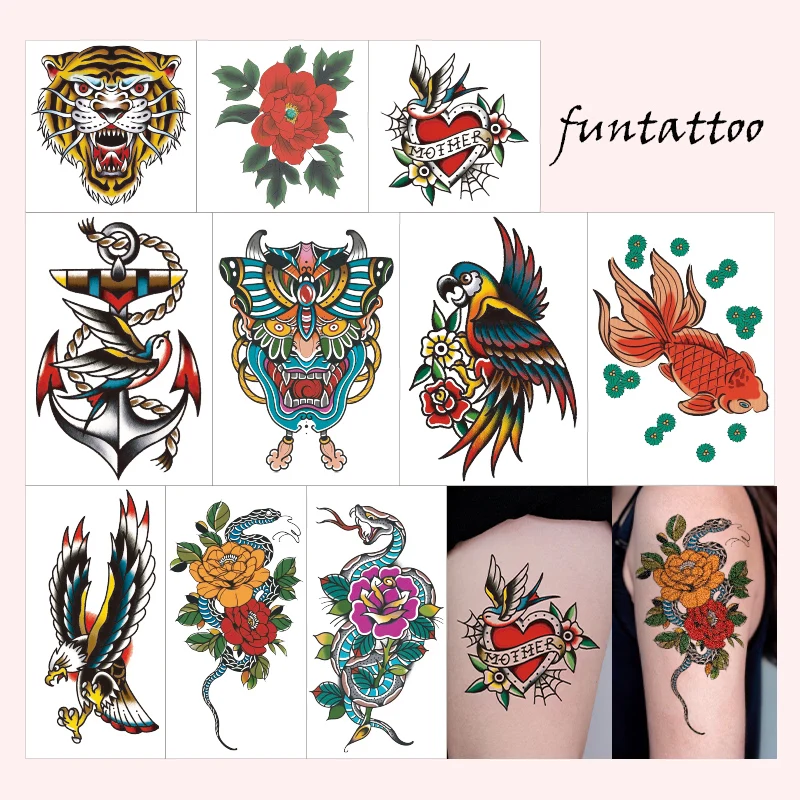 10Pcs Retro Old School Tattoo Style Cartoon Sticker Colorful Eagle Butterfly Flower Cartoon Graffiti Decals Sticker Body Art