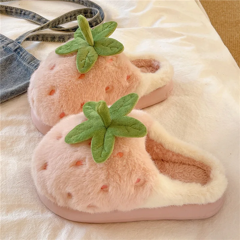 Cute Strawberry Cotton Slippers Women's Winter Indoor Home Warm Plush Covered Head Thick Bottom Anti-slip Outdoor Mat Slippers