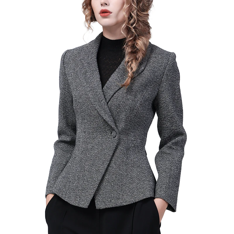 Chaqueta de lana gris para mujer, traje elegante con cuello, Chaqueta corta adelgazante para otoño e invierno, abrigo de trabajo a la moda para