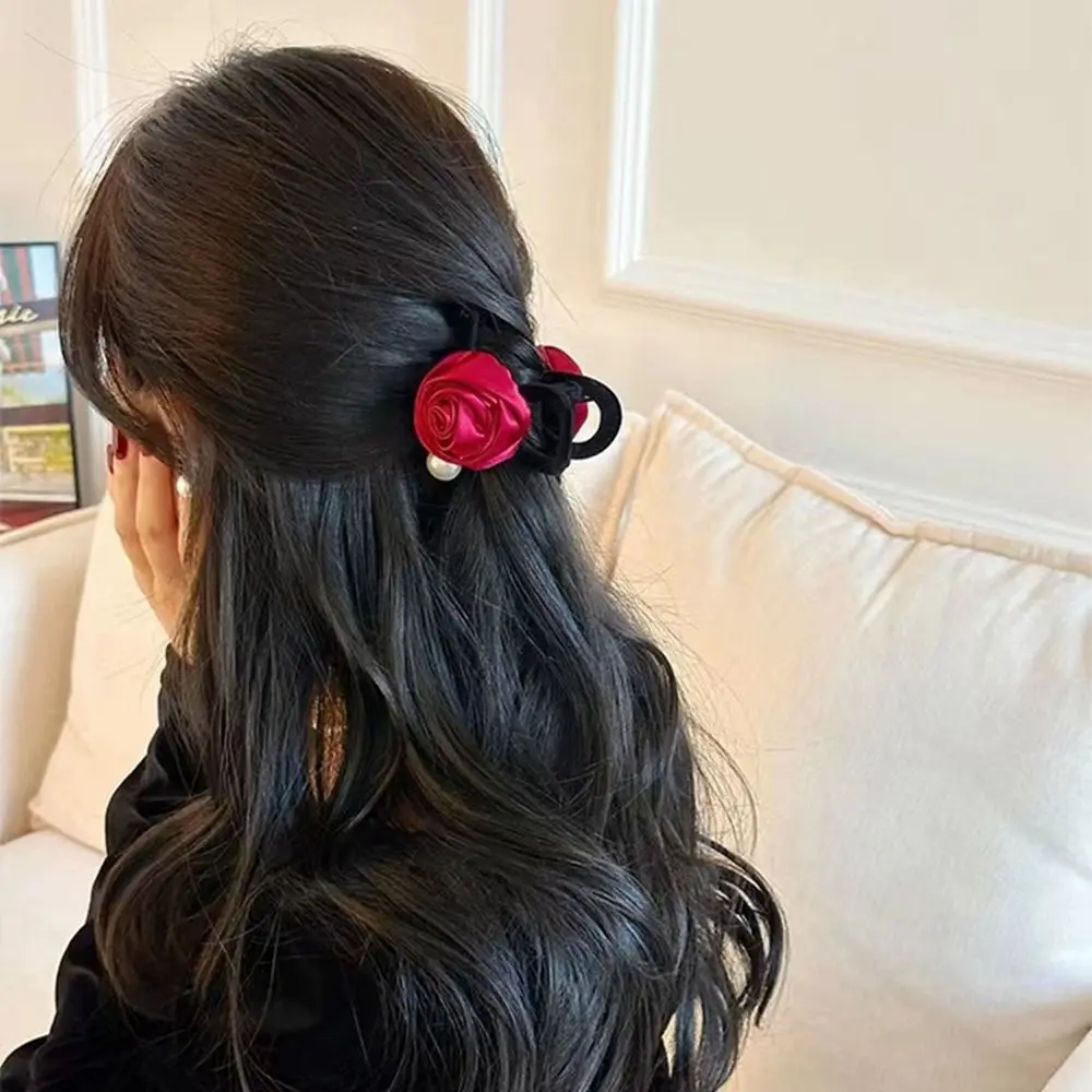 Cute Pearl Velvet Bow Hair Claw Grab Clip Flower Red Rose Hair Clip Geometric Hairpin Velvet Headband Girls