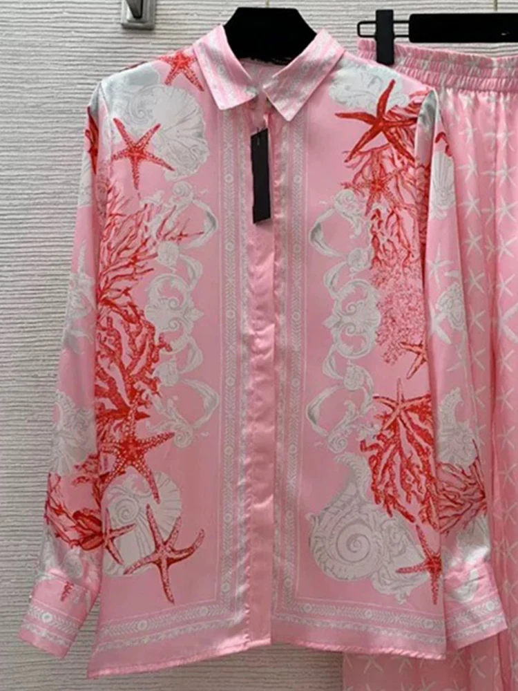 Luxury starfish printed long-sleeved shirt spring and summer women\'s new two-piece suit+elastic waist wide-leg pants fashion sui