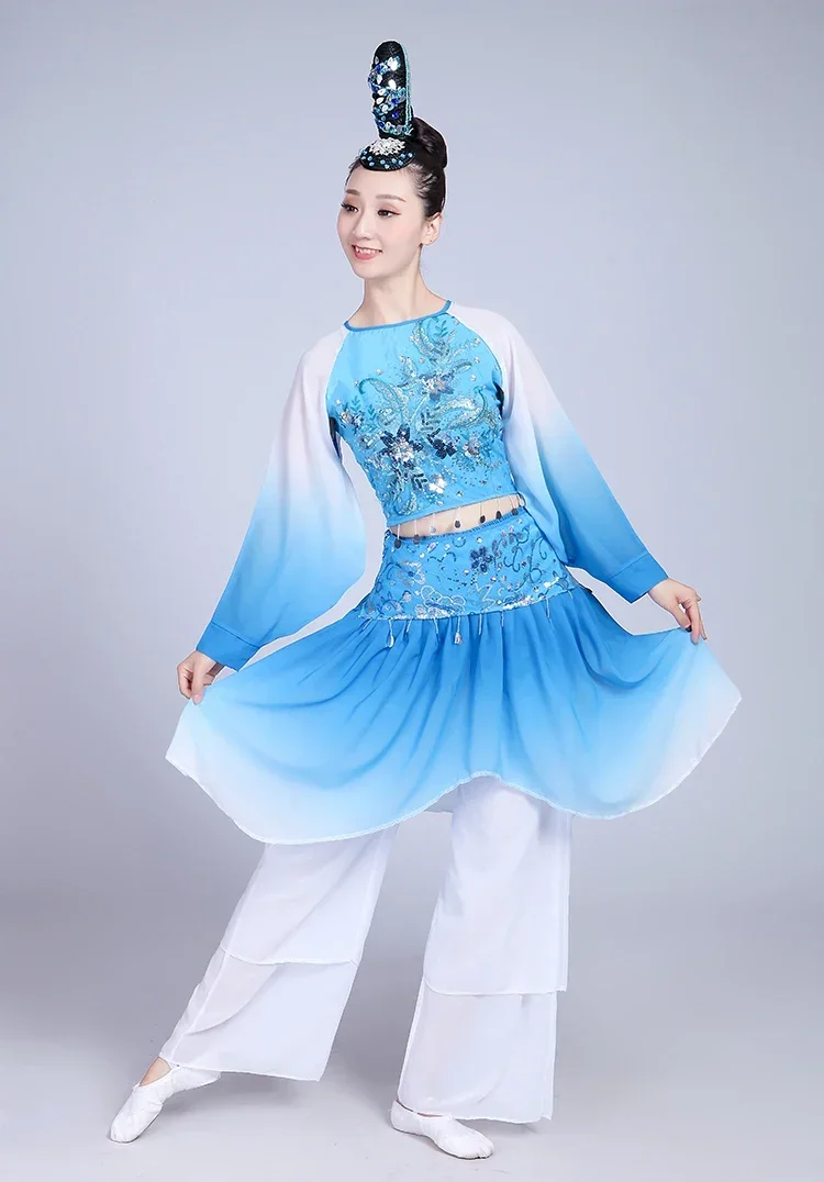 Chinesische klassische Tanzkostüme, Yangko-Tanz für Frauen, traditioneller Folk, alter Fan, Regenschirm, Tanz, Taillentrommel, Hanfu