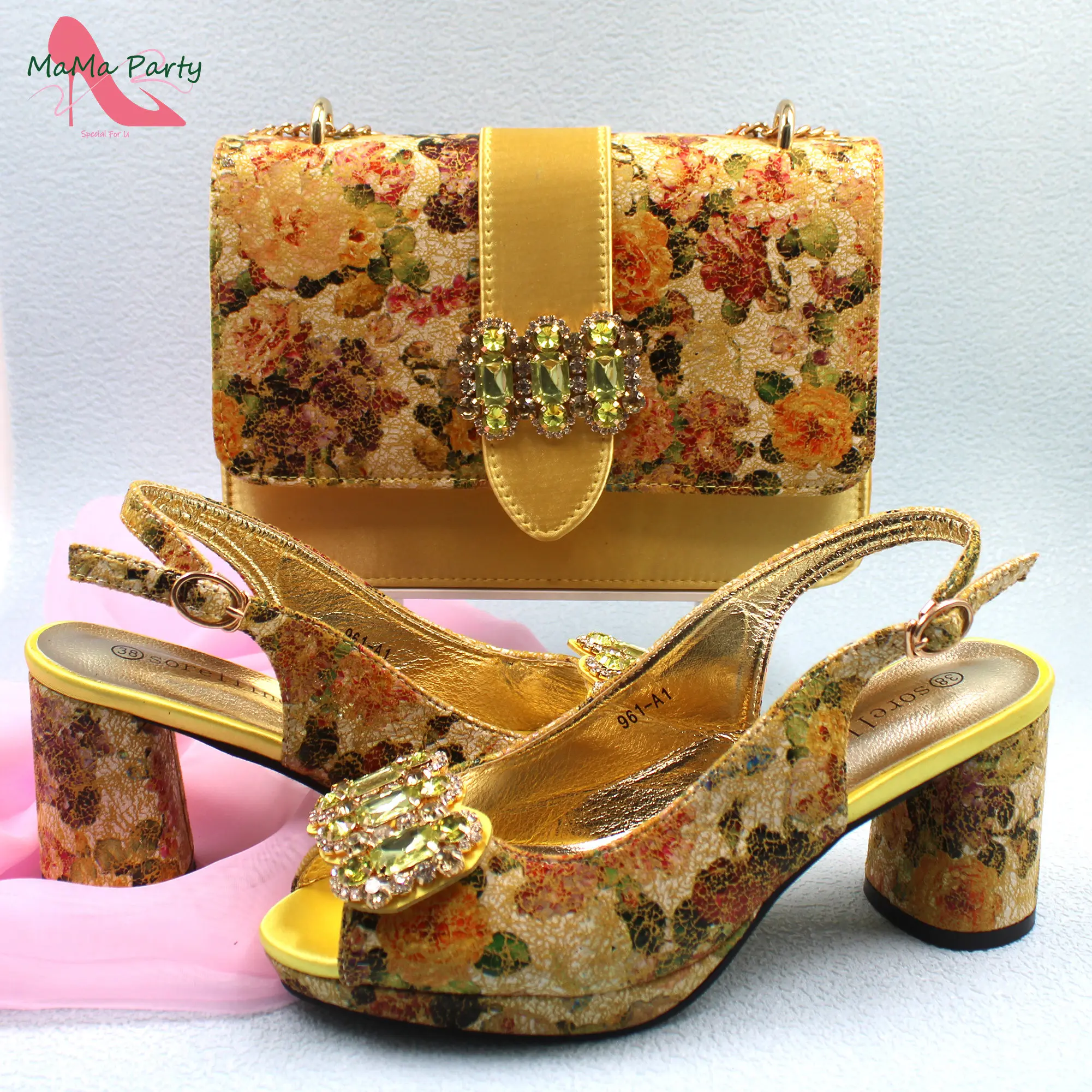 2024 Mature Style High Quality Comfortable Heels Italian Women Shoes and Bag Set with Shinning Crystal in Yellow Color