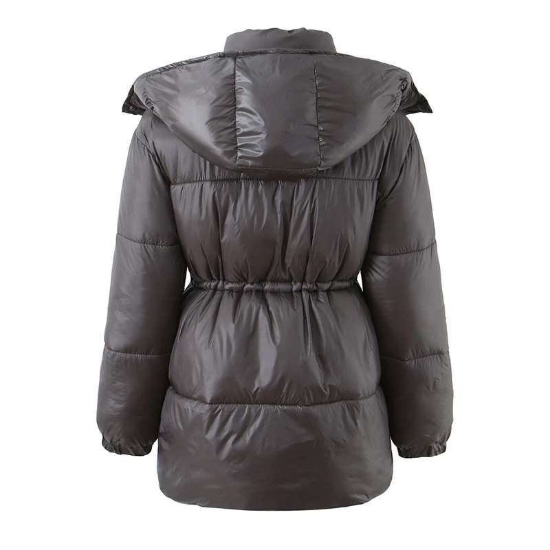 Осень/зима 202, новый модный элегантный расширенный темно-серый европейский и американский средней длины на молнии с капюшоном, теплый хлопок