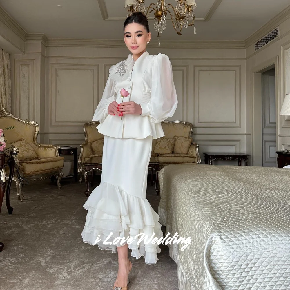 

White V-Neck Evening Dresses Long Sleeve Tiered Ruffles Mermaid Beaded Bespoke Occasion Dresses Ankle-Length Pleated Customized