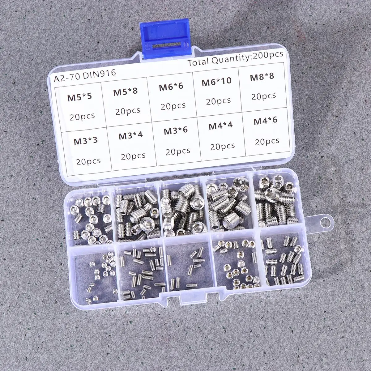 200 pçs parafuso de aperto hexagonal serrilhado copo ponto conjunto grub soquete plano aço inoxidável hexágono rosca sem cabeça encaixotado