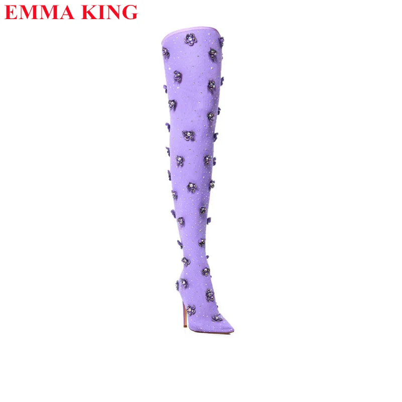 New Purple Flower Crystal Over The Knee Boots Autumn Stretch Fabric Women\'s Long Boots Pointed Toe Thigh High Heeled Boots Women