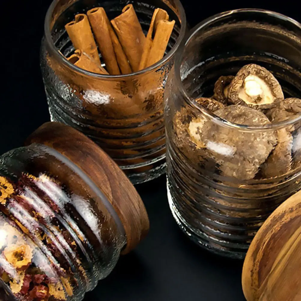 

Wooden Cover Glass Jar 500ml Thickened Sealed Food Storage Container for Tea Cereal Coffee Grain Glass Storage Jars