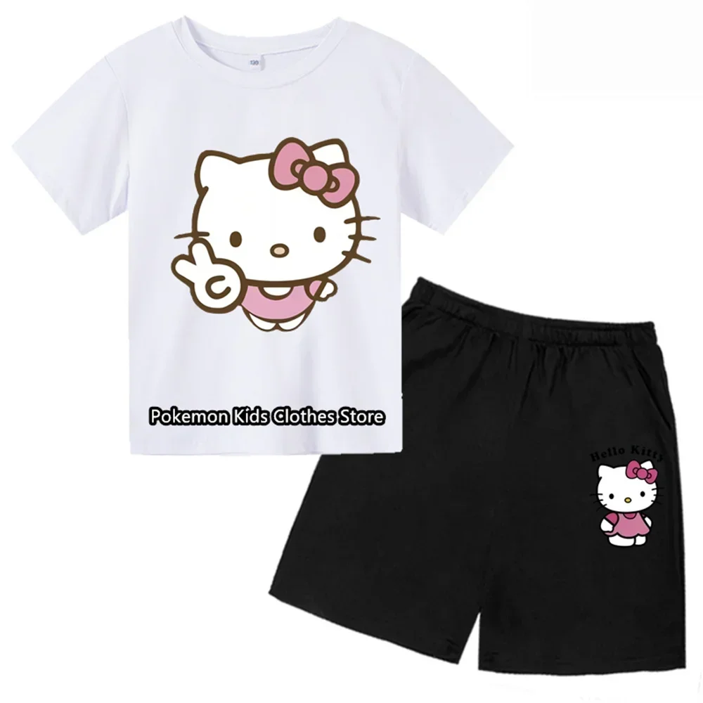 Boys Girls Anime Hello Kitty Tshirt Set Kids Clothes Cartoon Tops Sanrio T-shirt Girls Summer Stitch Short Sleeves Sonic Tees