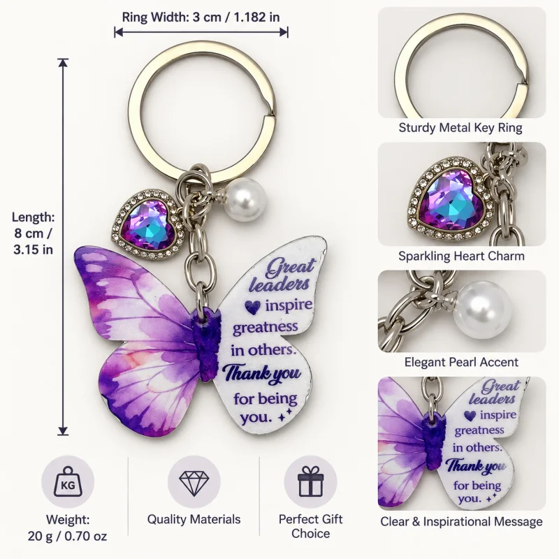 Great Leaders Purple Butterfly Keychain Heart Pearl Leader Appreciation Gift