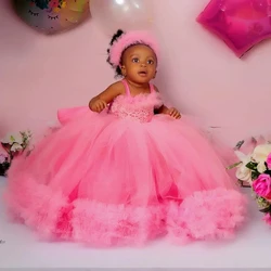 Pink Tulle Flower Girl Dress For Wedding Lace Puffy Sleeveless Princess Baby Pageant Kids Birthday First Communion Gown