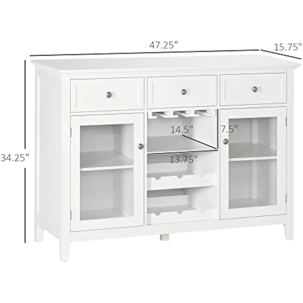 Coffee Bar Cabinet with 3 Drawers, 6-Bottle Wine Rack, Stemware Racks, Glass Door, Sideboard Buffet Cabinet, Wine Cabinet, White
