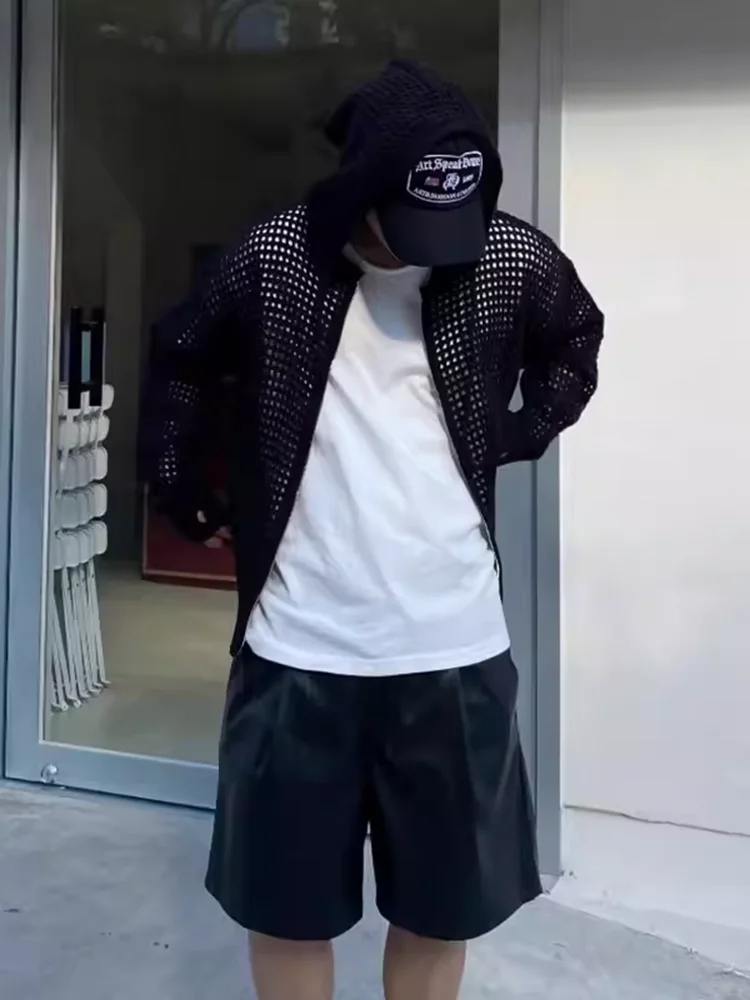 Cardigan Sweater Men Ins High Street Hooded Hollow Knit Sweater Summer Thin Cut Sunscreen Couple Outfit Jacket