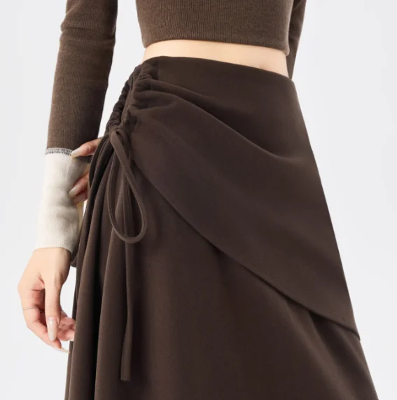 2026 French Irregular Woolen Skirts Women's New Drawstring Loose Casual Skirt Female High Waist Drape A-line Skirts U466