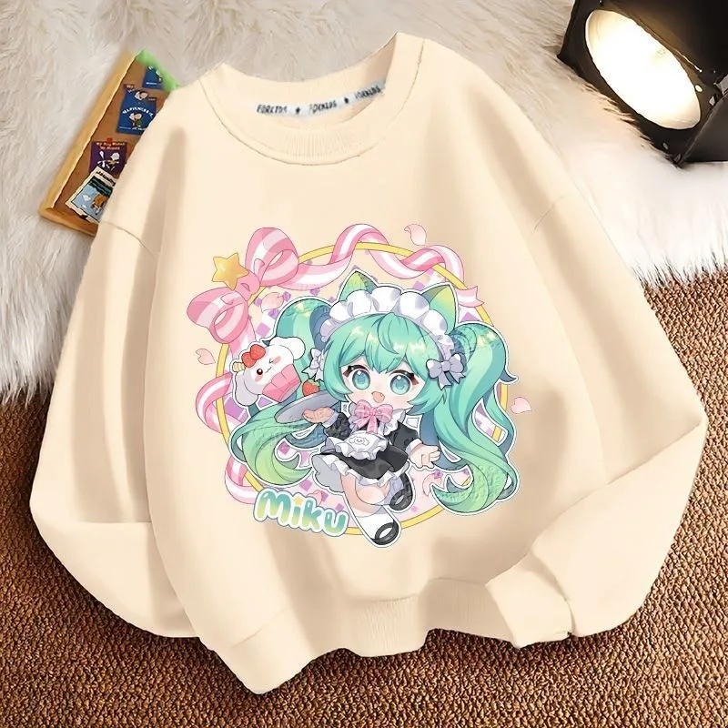 سويت شيرت لطيف برسوم كارتونية من Hatsune Miku، أنيق للنساء، بلوزة فضفاضة غير رسمية برقبة دائرية وأكمام طويلة للخريف