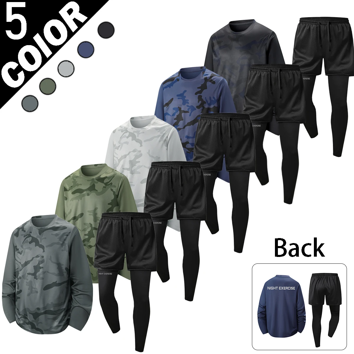 Men 2‑Piece Sports Suit Back Printed Camo Long Sleeve T‑Shirt 2 in 1 Shorts 5 Colors Gym Running Training Sportswear Set view 3
