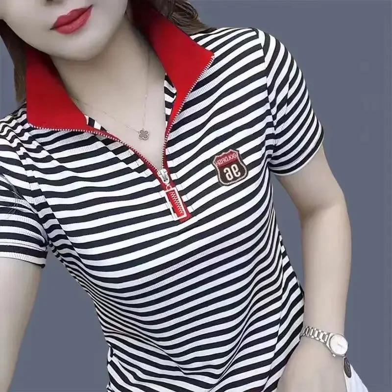 

T-shirts Red Striped Women's Polo Baggy Clothing Trend 2024 Synthetic Summer Female Tee Youthful Elegant New Korean Cheap Tops