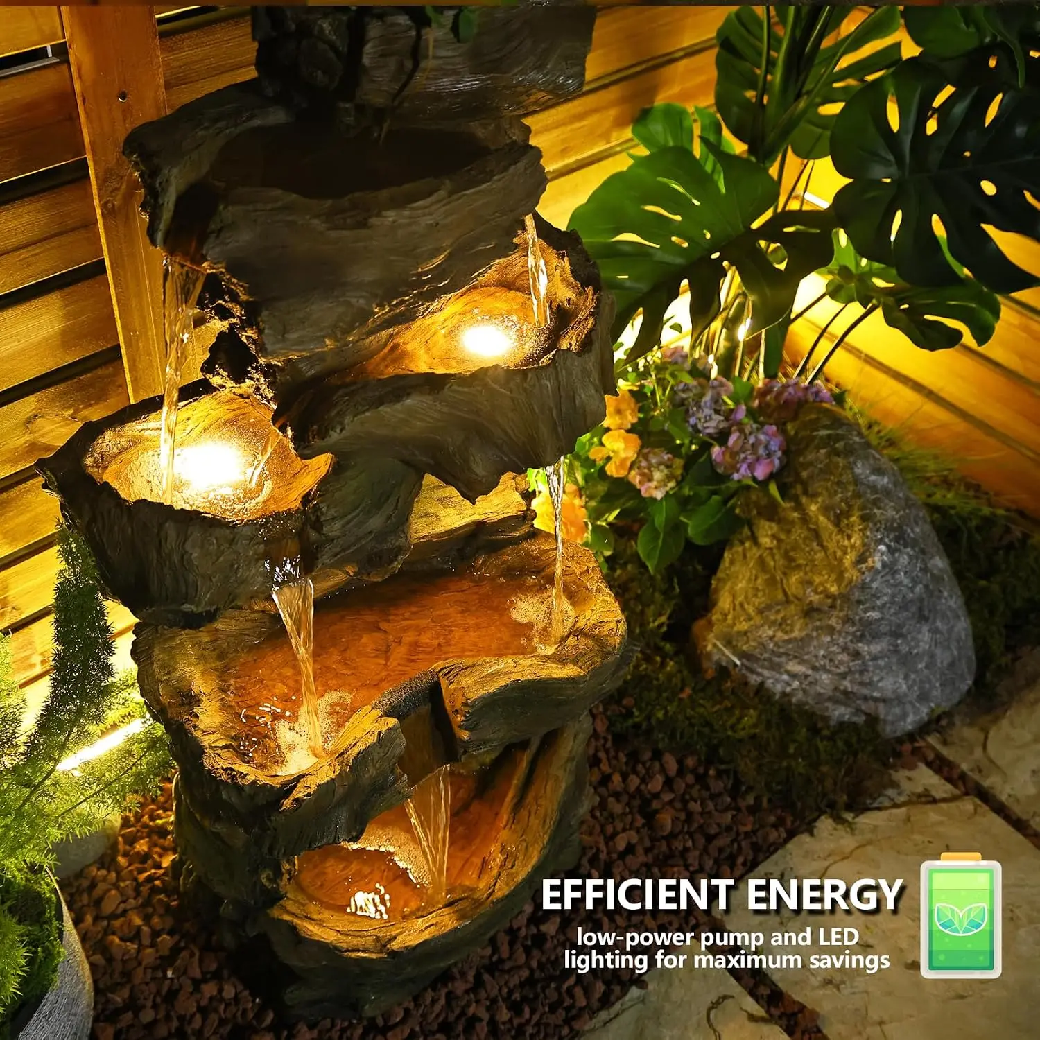 Outdoor 405H 5 Tiers Large Cascading Water Fountain Natural Rock Waterfall Resin Imitation Wood Garden Patio Porch LED Lights