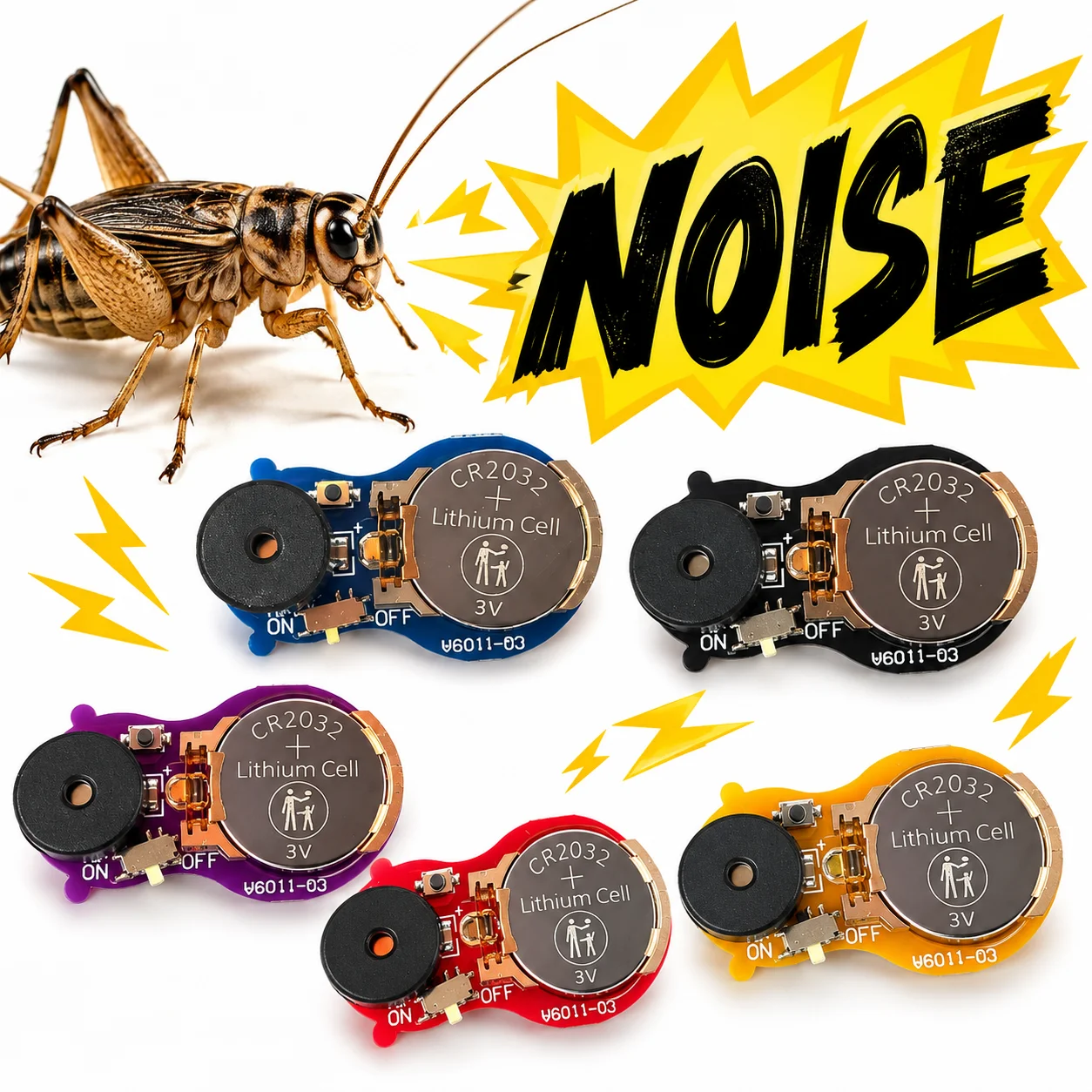 Mini Cricket Chirping Prank Noise Maker, Intermittent Sound Device with ON/OFF Switch, CR2032 Battery Included