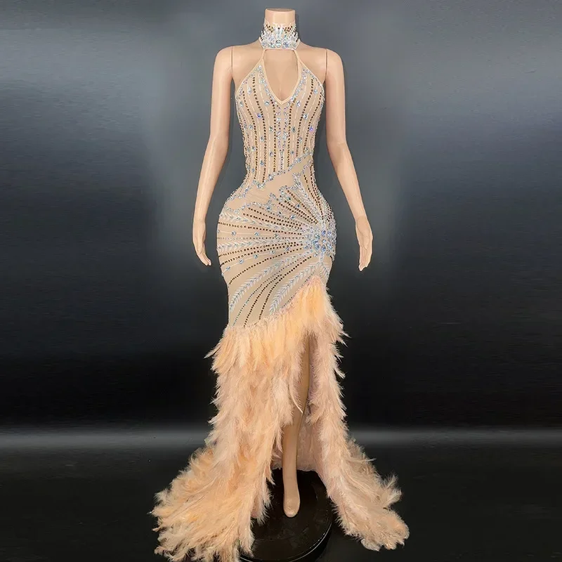 Evening Birthday Celebrate Luxurious Costume Dancer Flashing Dress Sparkly Silver Big Rhinestone featherTransparent Long Dress