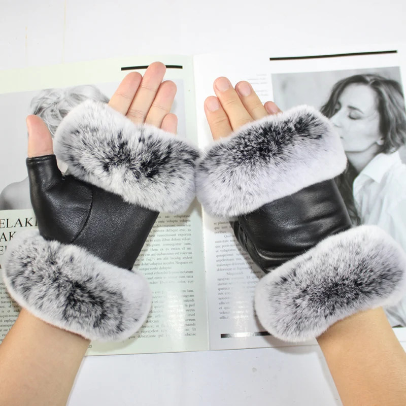 New High Quality Ladies Sheepskin Half Finger Gloves Autumn Genuine Leather Rabbit Fur Style Warm Fleece Lining Work Driving Glo