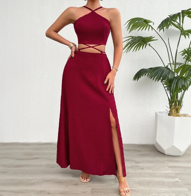 Women's Solid Color Sexy Pure Desire Strapless Short Top High Waist Split Design Half Skirt Fashionable Casual Long Skirt Set