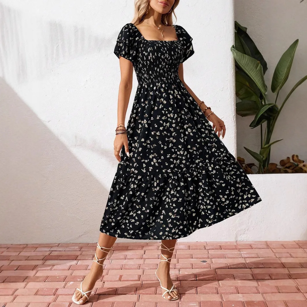 

Elegant Sexy Ruffle Edge Floral Boat Neck Short Sleeved Backless Summer Dress for Women