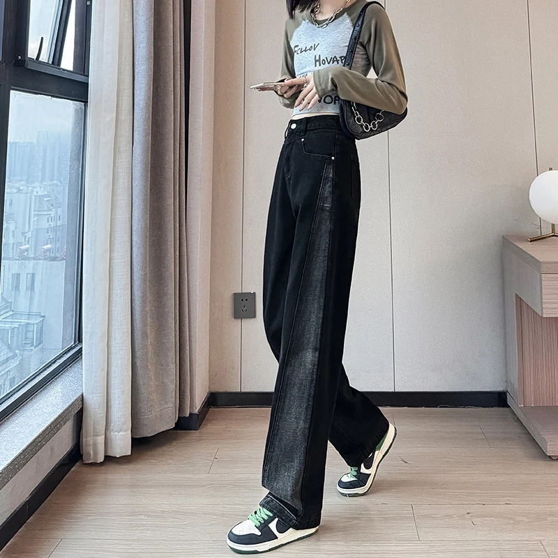 Black-and-gray wide-legged jeans women high waist black-and-white color design feeling loose straight tube floor pants