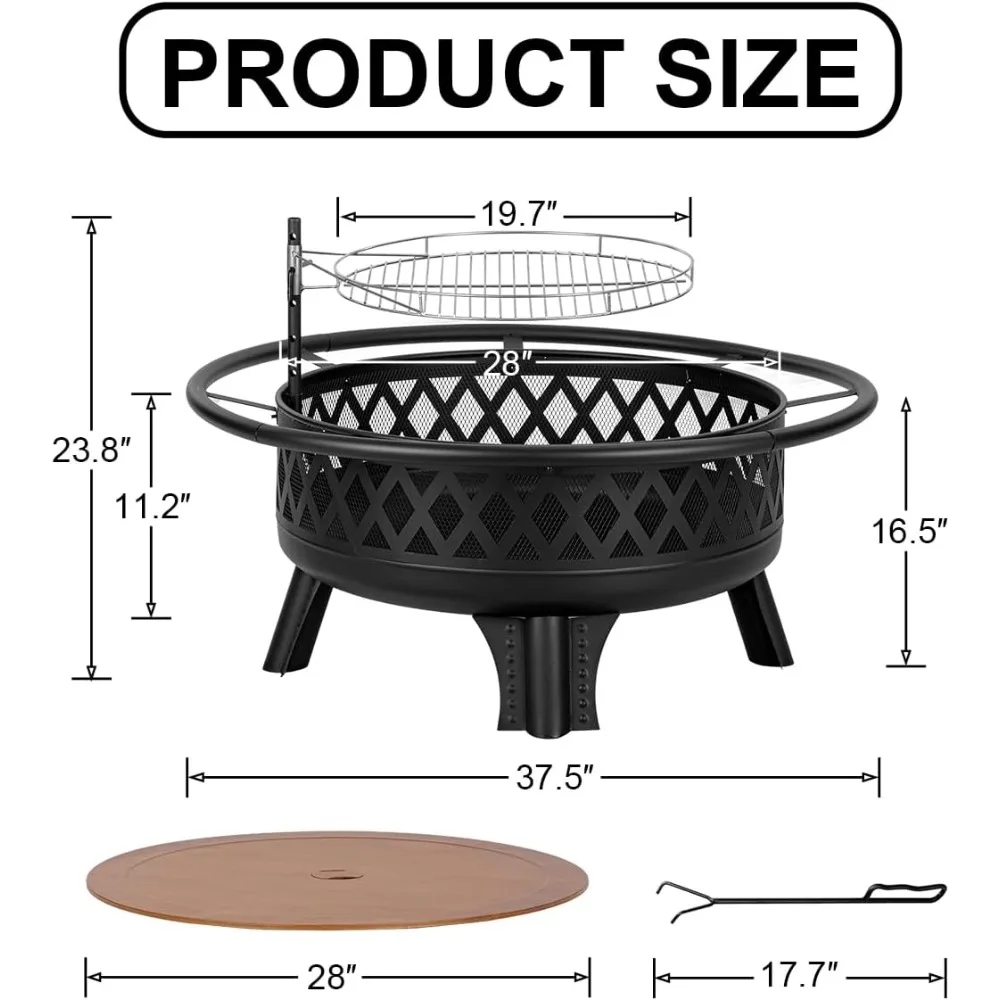 حفرة نار حرق الخشب مقاس 38 بوصة للخارج، حفرة نار مستديرة مع شواية وغطاء معدني، طاولة حفرة نار معدنية خارجية للفناء الخلفي #6