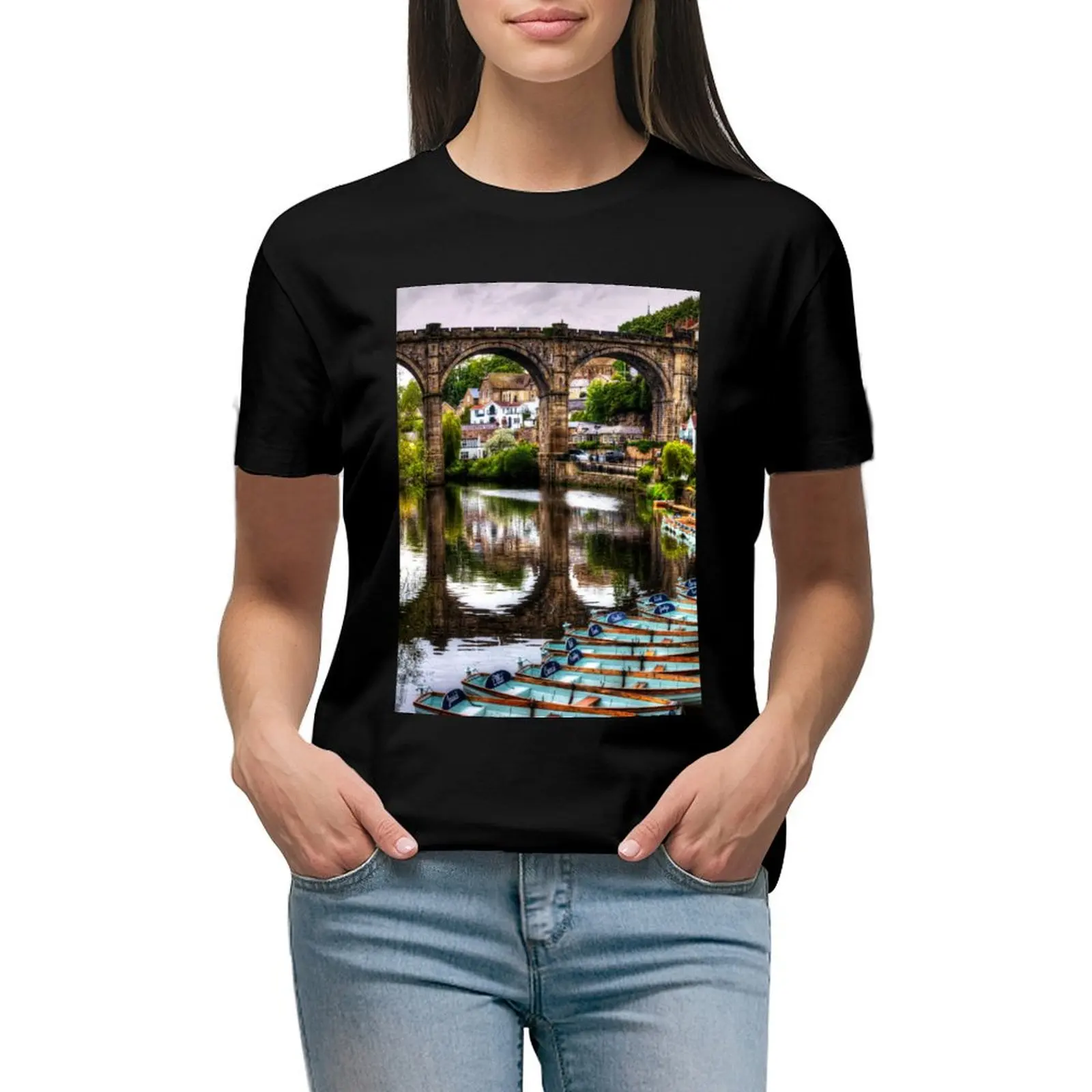 knaresborough Viaduct And River Nidd, Portrait T-shirt summer tops Short sleeve tee funny T-shirt Women