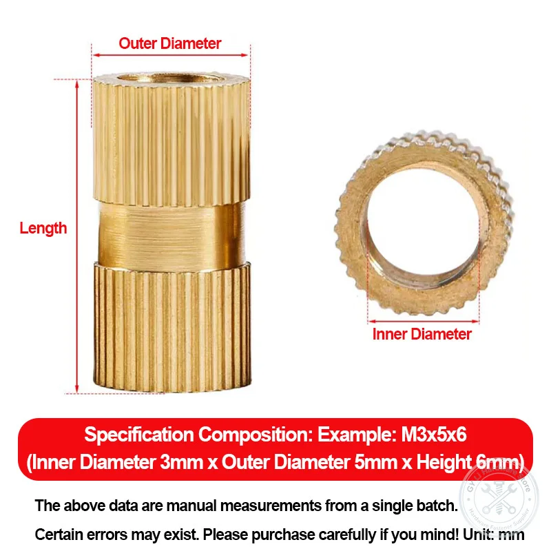 M1.4 M1.6 M2 M2.5 M3 M4 M5 M6 M8 M10 Double Pass Knurled Brass Insert Nut Hot Melt Embedded Nut Injection Molding Plastic Fasten
