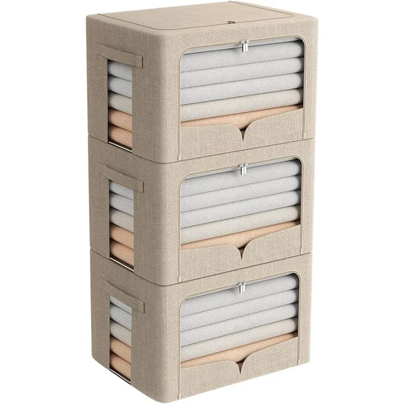 

3 Pack Clothes Storage Bins Foldable Metal Frame Storage Box Stackable Linen Fabric Organizer Set with Carrying Handles and Clea