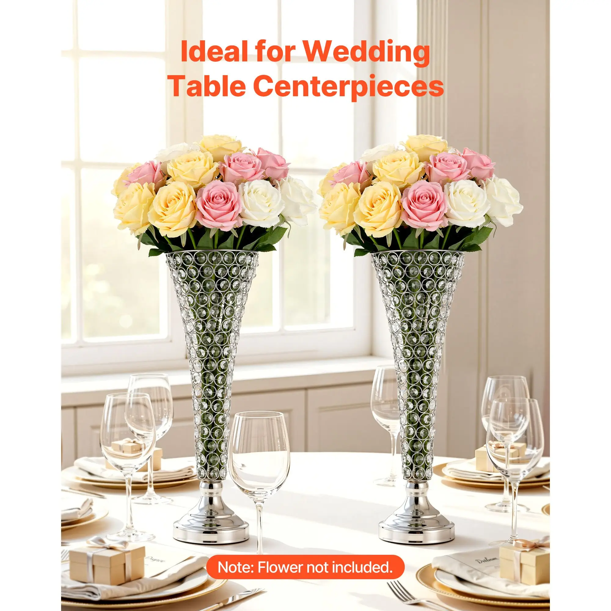 4 PCS Crystal Wedding Flower Vase, 20 In Tall Table Centerpieces, Cylinder Banquet Vases, Easy Installation Arrangement Stand