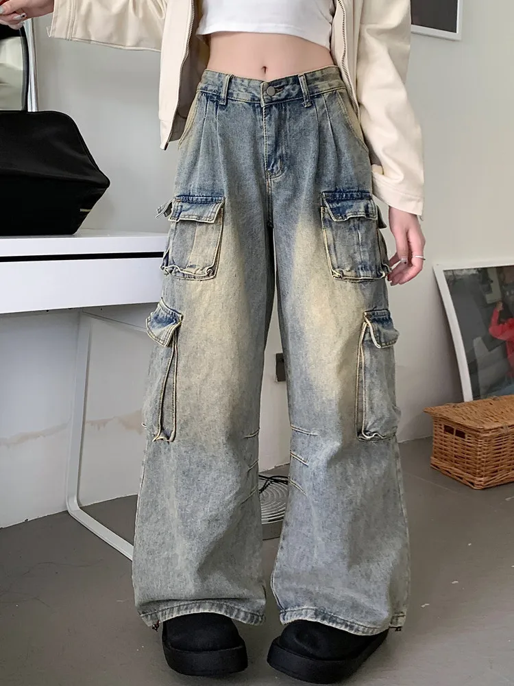 2023 Ropa y2k Grunge Clothes Washed Old Blue Baggy Cargo Jeans Pants For Women Original Wide Leg Straight Female Denim Trousers