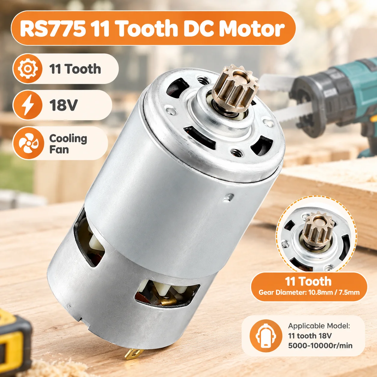 RS775 11 Tooth DC Motor 18V 5000-10000RPM Metal Silver with Cooling Fan for Electric Drill Reciprocating Saw Replacement Part