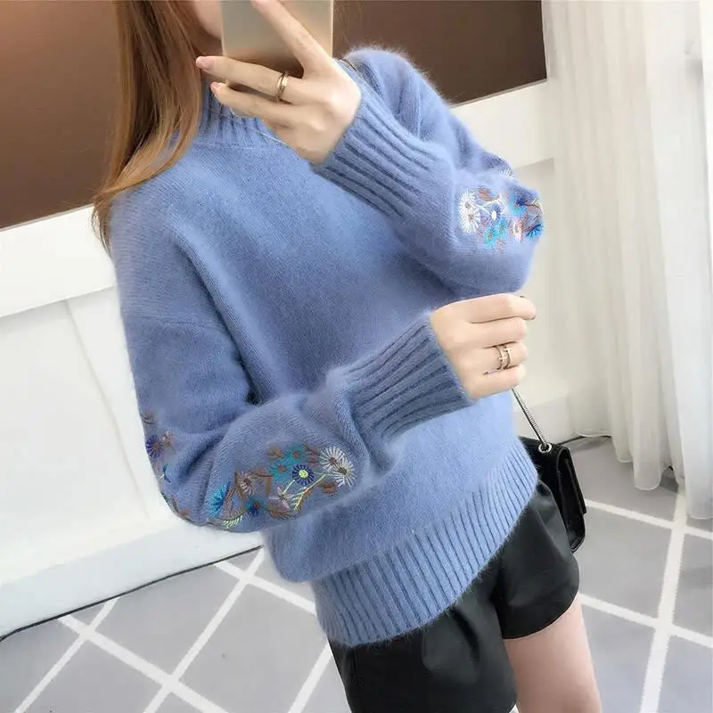 خريف شتاء 2025 جديد مطرز الأكمام بأكمام طويلة متماسكة البلوز النساء الملابس خمر كل مباراة س الرقبة فضفاضة البلوزات