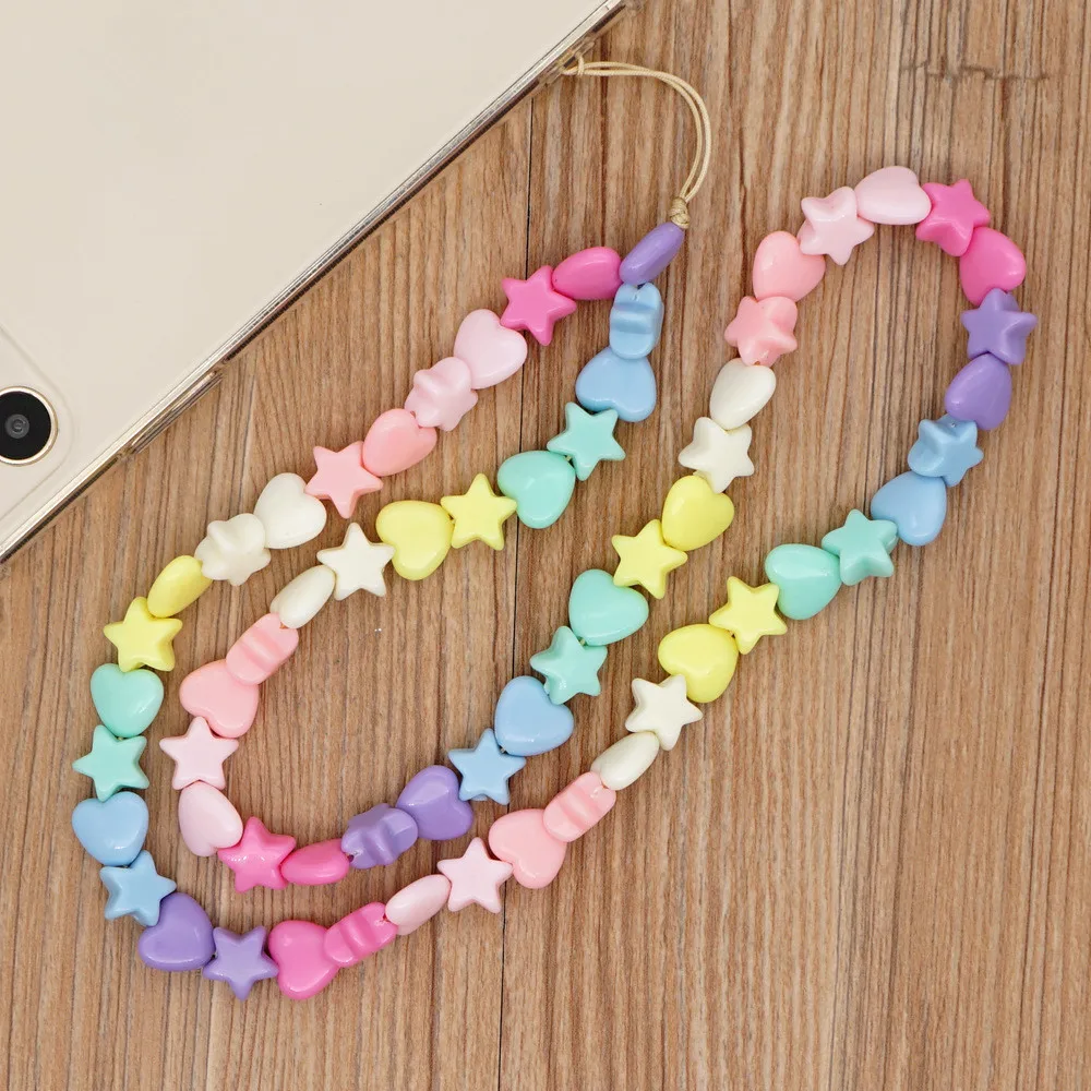 New Pink Five-pointed Star Pearl Phone Chain Resin Smiley Face Beaded Mobile Phone Lanyard for Women Jewelry