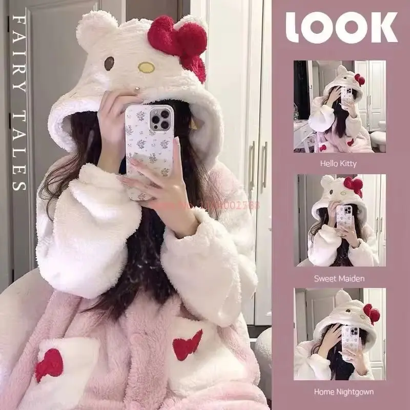 Hello Kitty Pajamas Female Long Robe Wear Thicken Coral Velvet Hooded Bathrobe Gown Autumn Winter Loose Sleepwear Home Dress