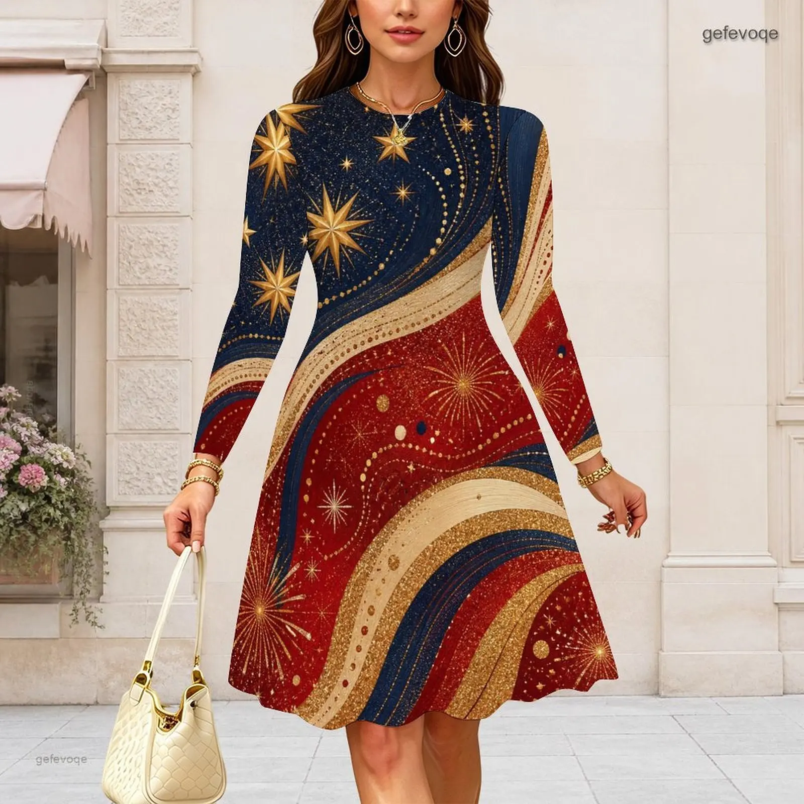Women Round Neck Long Sleeve Midi Dress Slim Fit Waist A Line Swing Dresses Custom Print Lady Daily Party Dress