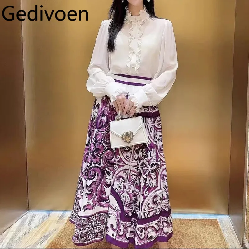 

Gedivoen Violet Printed Cotton Half length Skirt 2025 Hand drawn Flower Half length Umbrella Skirt