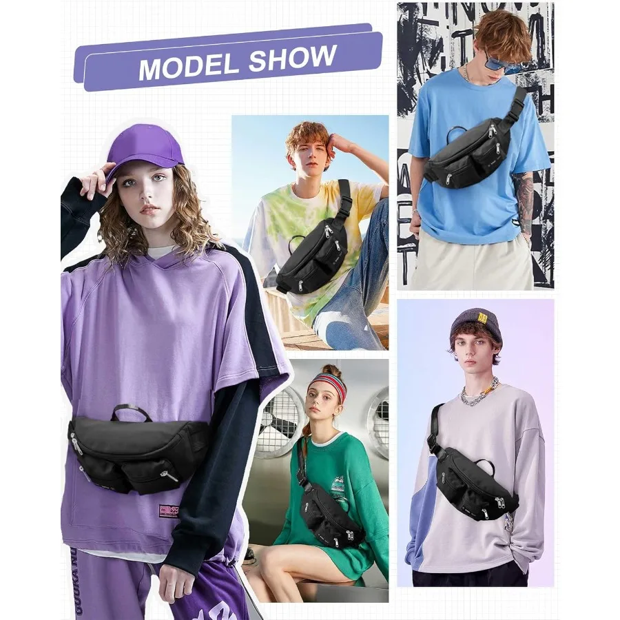 حقيبة حزام سوداء للنساء والرجال مع أوعية متعددة بسحاب مقاومة للماء وحقيبة خصر عصرية مع لو قابل للتعديل